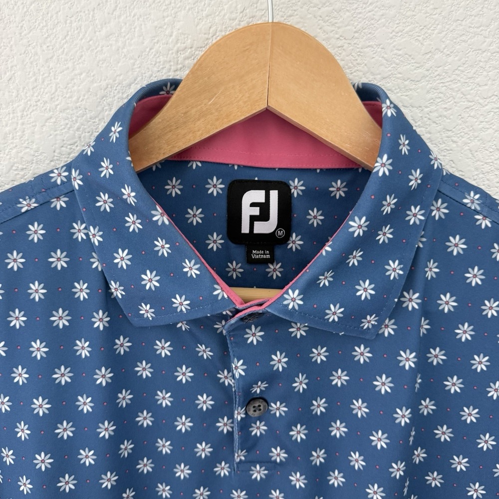 Footjoy FJ Mens Floral Golf Polo Shirt Medium Blue Pink COMPANY LOGO Performance